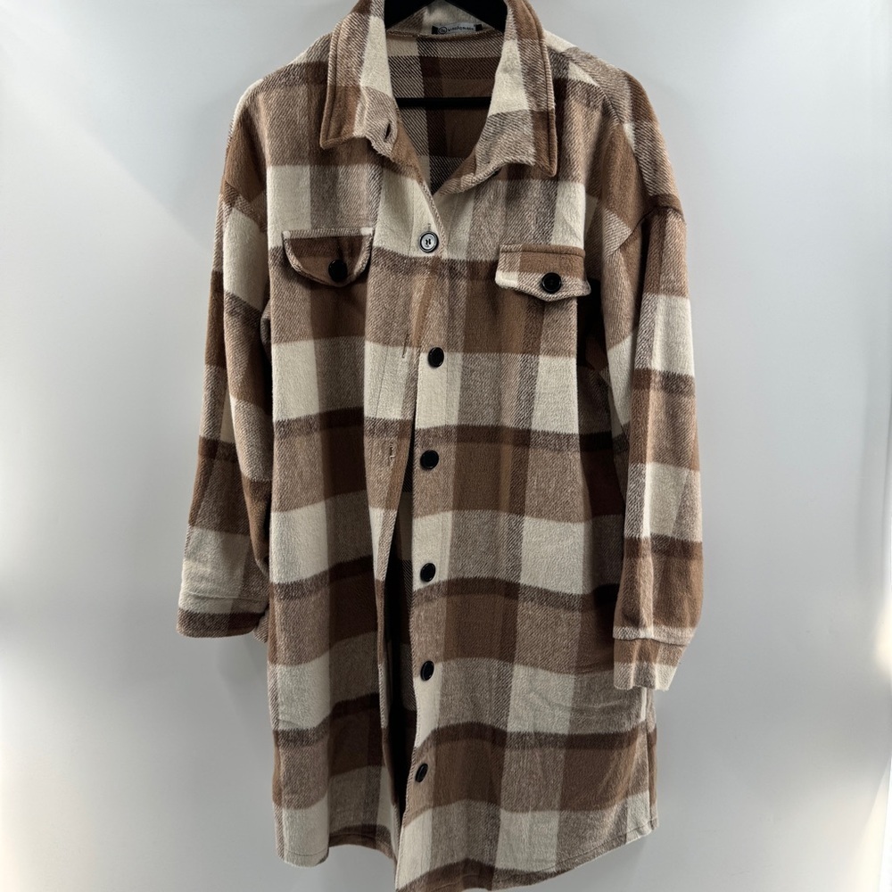 PrettyGarden XL Brown Plaid Button-Front Shacket Coat